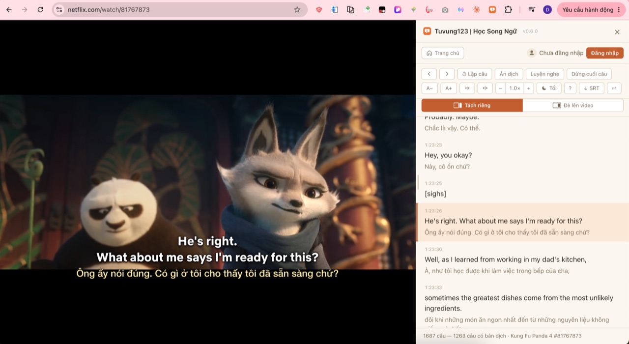 Phụ đề song ngữ Anh - Việt của tiện ích Từ Vựng 123 trên Netflix