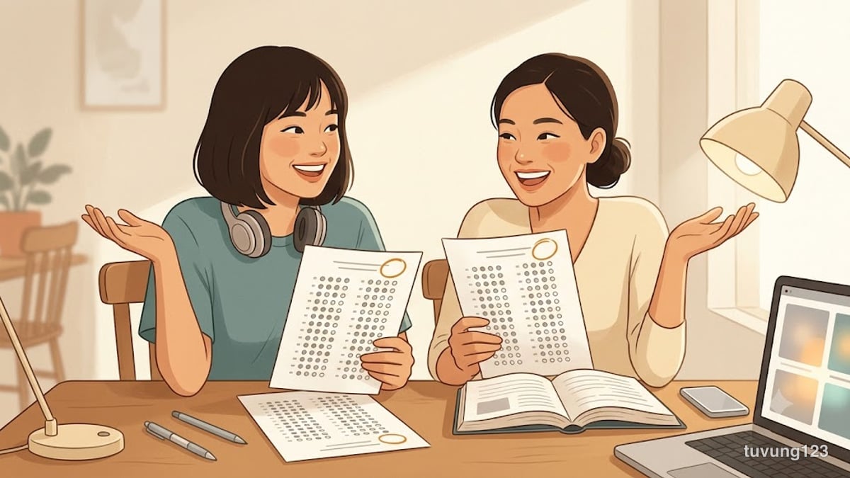 Hai người bạn so phiếu trả lời của nhau rồi cùng nhún vai cười vì kết quả như nhau