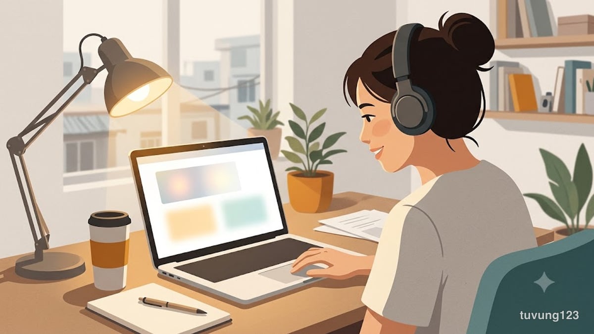 Cô gái đeo tai nghe làm bài trên laptop, gật đầu vì vừa nhận ra một chiêu đã gặp