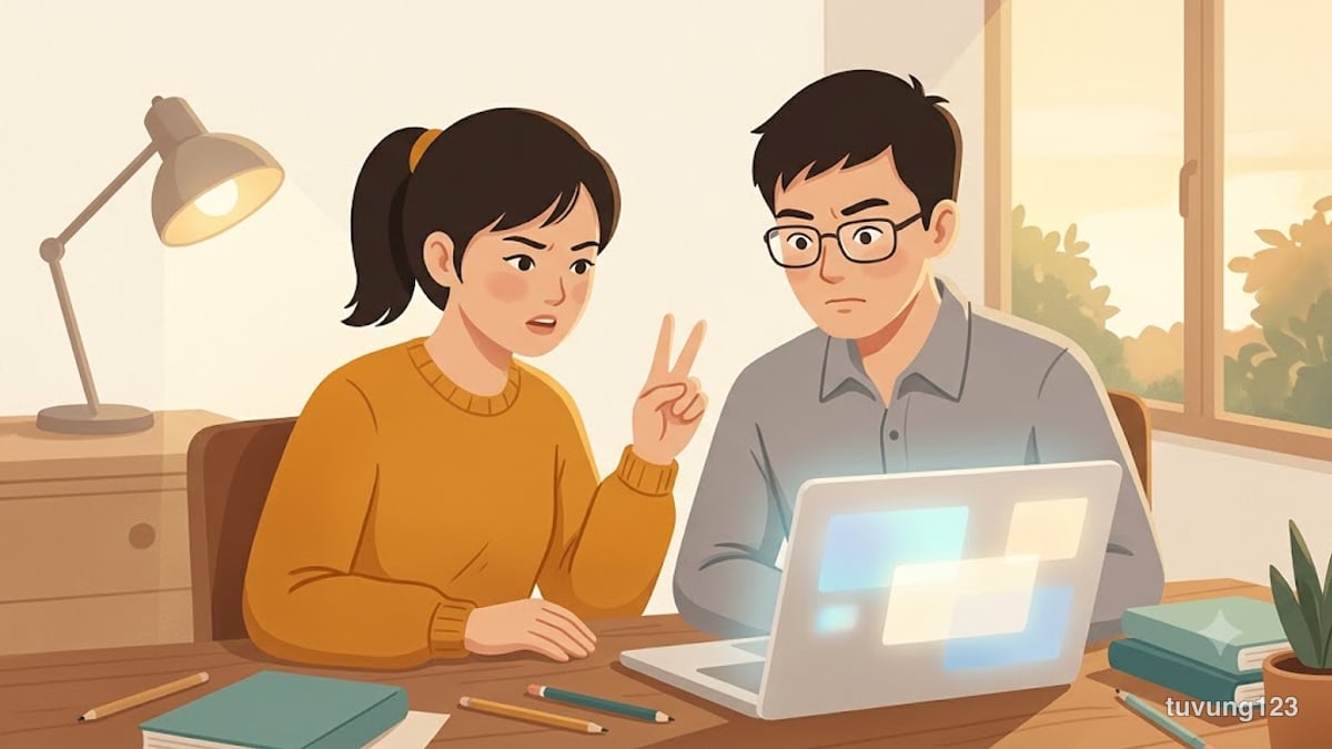 Hai người cùng nhìn một màn hình, một người giơ hai ngón tay giải thích rằng hai chỗ sai này không giống nhau