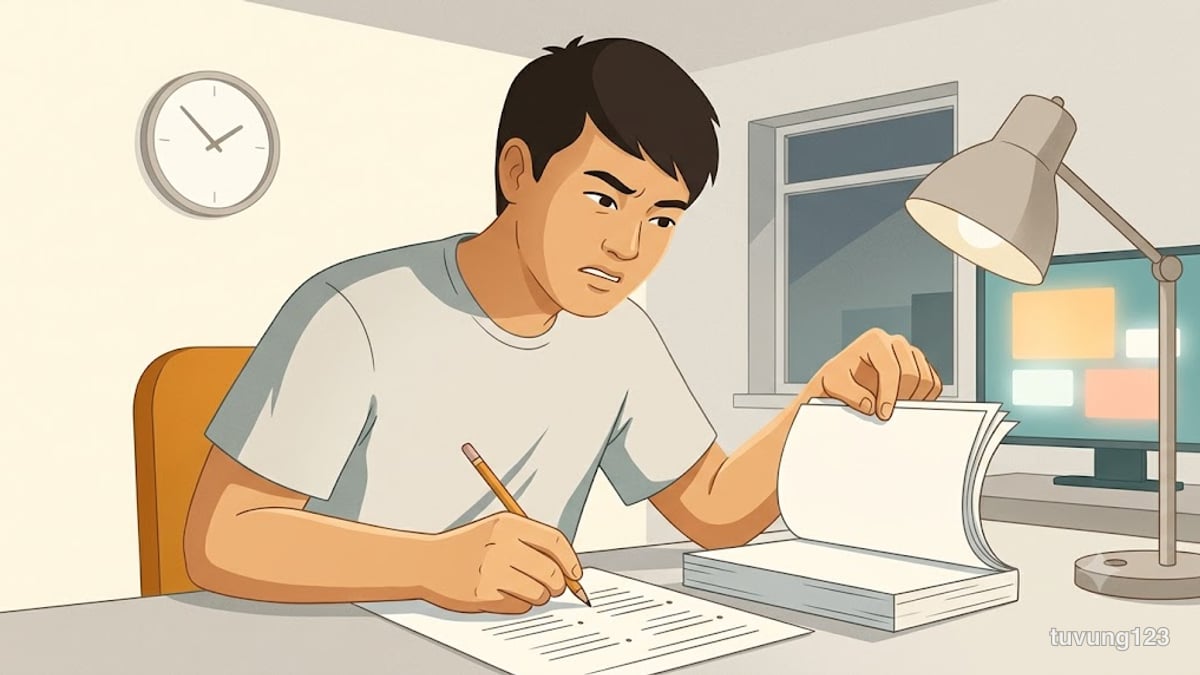 Vẫn thí sinh đó, giờ đang cuống: một tay lật xấp trang còn lại rất dày, tay kia tô vội