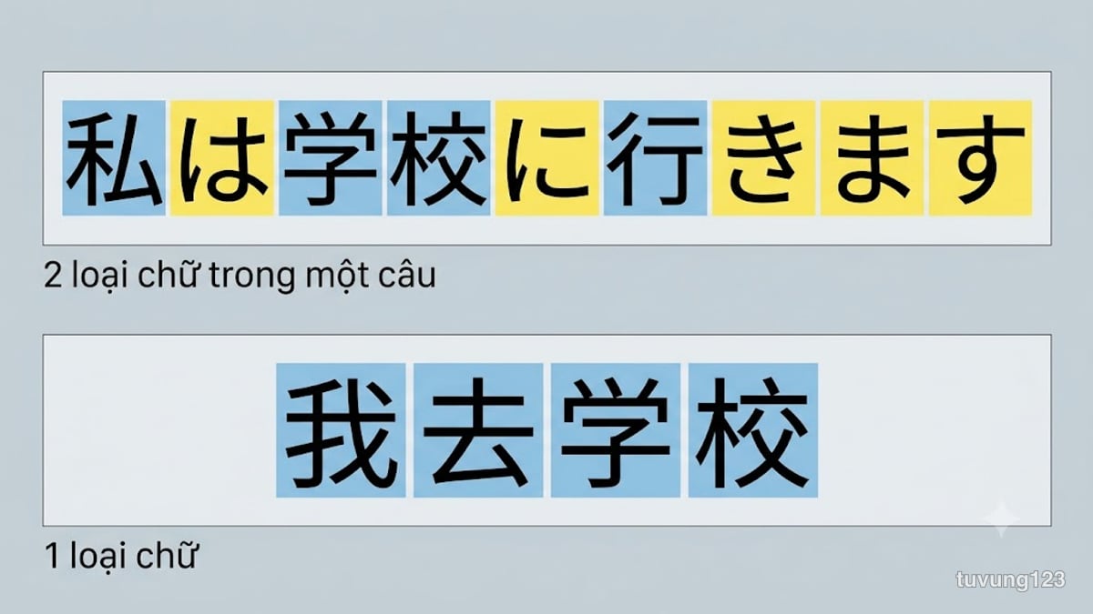 Một câu tiếng Nhật tô ba màu theo ba bộ chữ hiragana katakana kanji, đặt cạnh một câu tiếng Trung chỉ dùng một bộ chữ