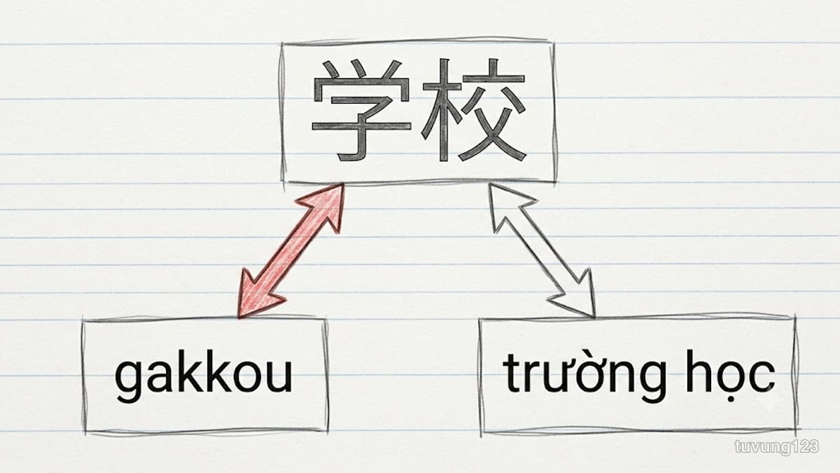 Sơ đồ ba mặt của một từ tiếng Nhật: mặt chữ 学校, cách đọc gakkou, nghĩa trường học, và hai chiều kiểm tra giữa chúng