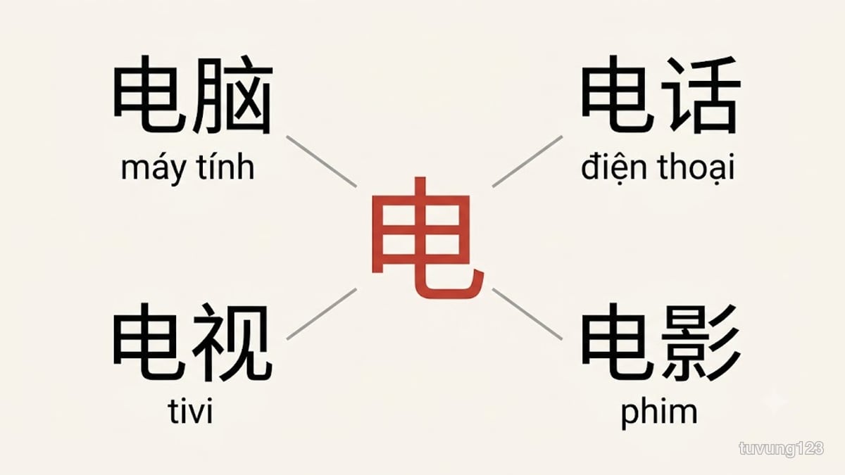 Sơ đồ chữ 电 ở giữa nối tới bốn từ 电脑 máy tính, 电话 điện thoại, 电视 tivi, 电影 phim