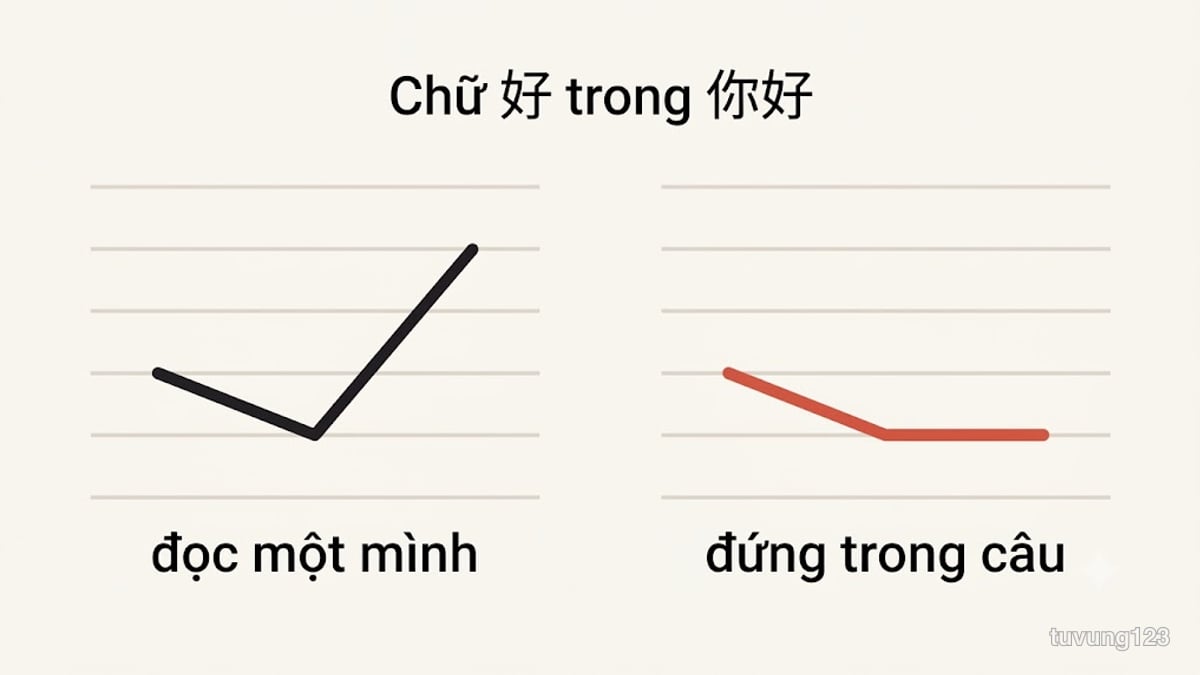 Thanh 3 đọc một mình thì xuống rồi lên, nhưng đứng trong câu thì nằm thấp và không lên