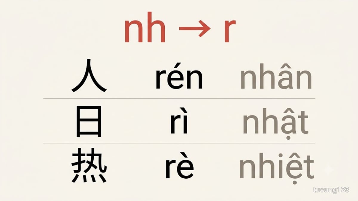 Quy luật nh sang r: 人 rén là nhân, 日 rì là nhật, 热 rè là nhiệt