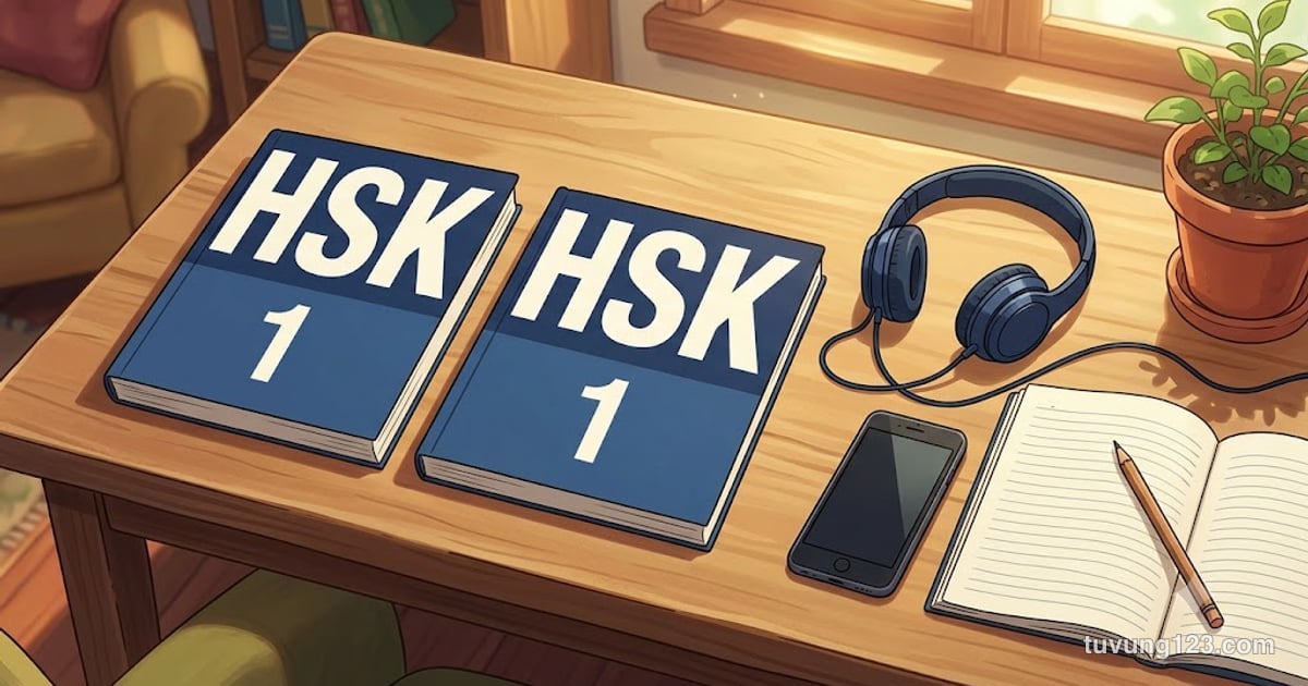 Giáo trình chuẩn HSK 1: sách bài học, sách bài tập và tai nghe để nghe file MP3